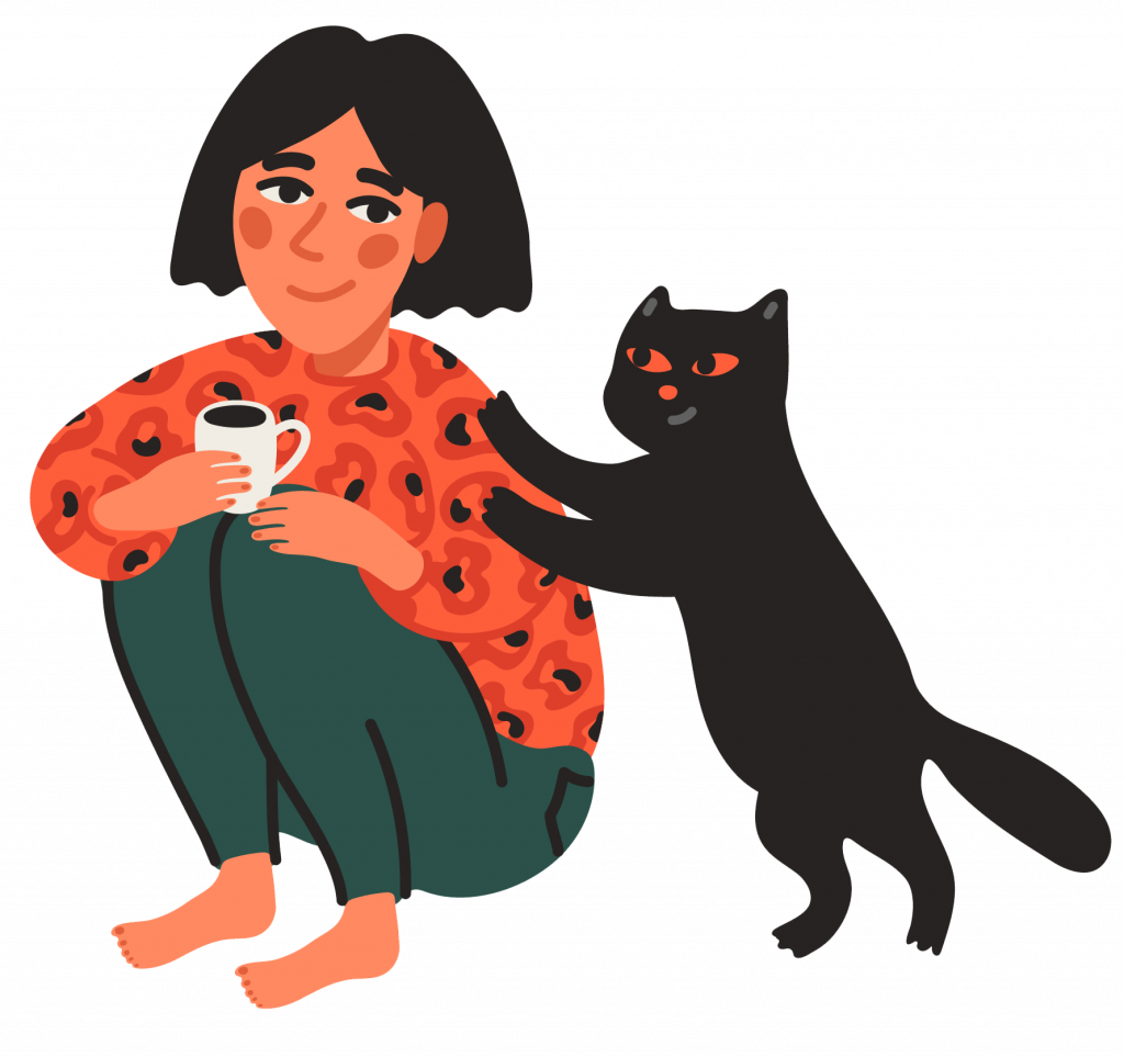 Illustration, Mädchen mit schwarzer Katze